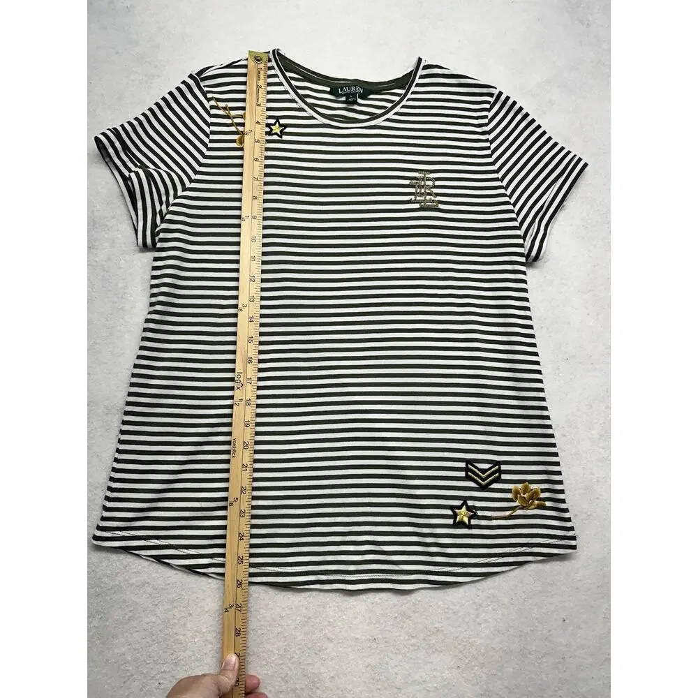 Lauren Ralph Lauren Women Large Shirt Stripe Green Cotton Modal Military Support - Picture 3 of 9